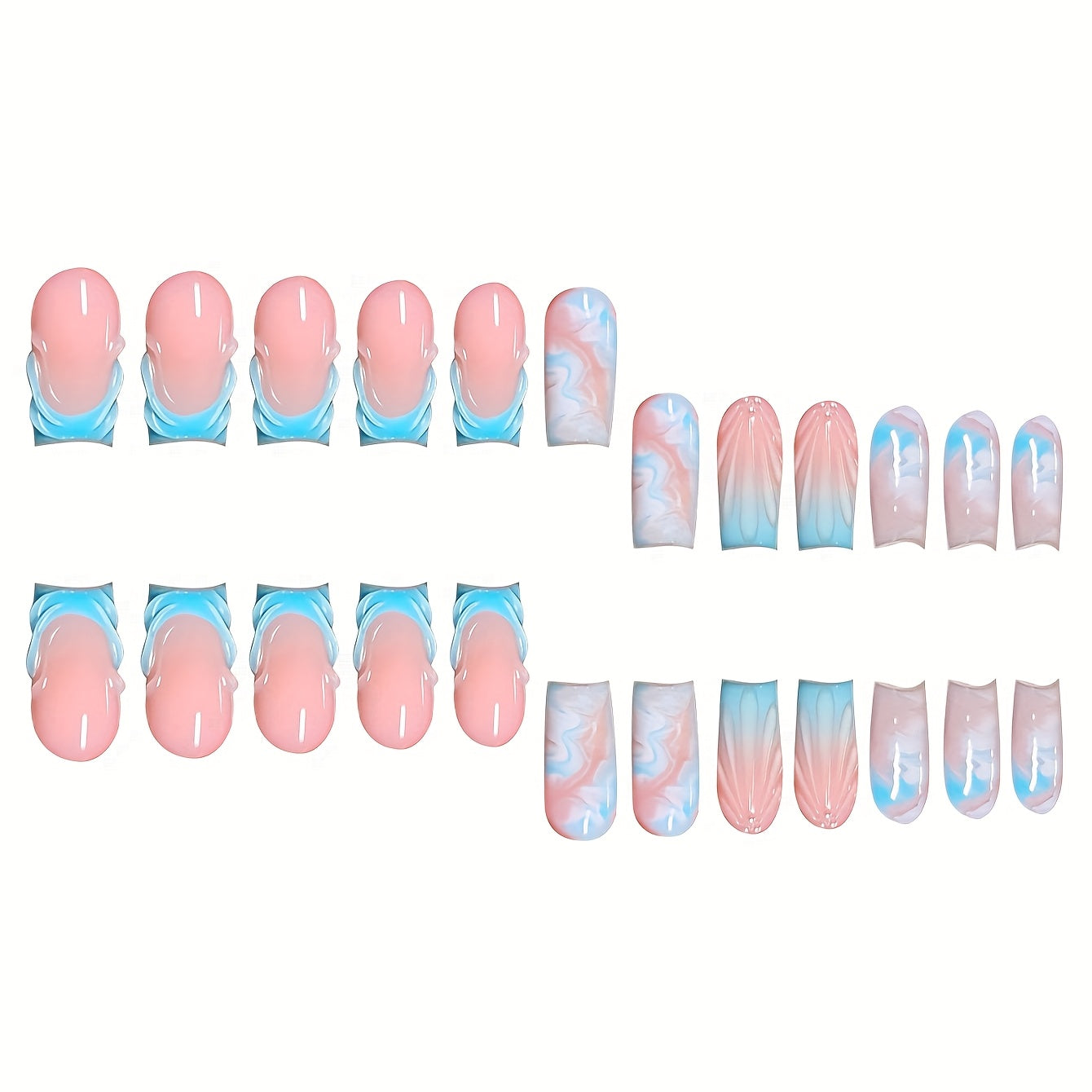 A Set of 24 Full-Cover Press-On Fake Nails Featuring Blue Wave Designs, Sparkling Diamonds, And Cloud Patterns in a Blue French Style, Along with Three-Dimensional Gel Stripes. These Medium Square-Shaped Fashionable Press-On